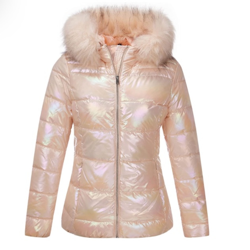 Light Pink Lightweight Puffer Jacket Warm Coat Hooded Fur